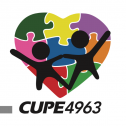 CUPE 4963 logo. Two stick figure people, over a multi-colour hear that looks like a jigsaw puzzle