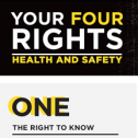 Your four rights poster White and yellow stacked text on black background: Your four rights, health and safety. One, the right to know