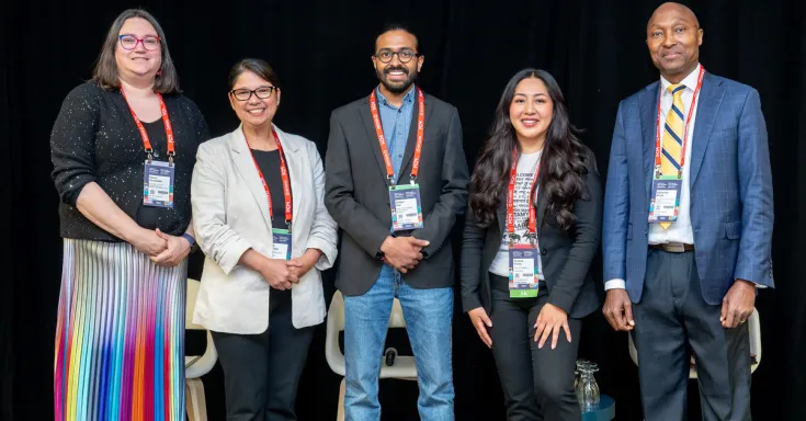 L-R: Karen Ranalletta, General Vice-President, the West (British Columbia, Alberta and the Territories); Maita Santiago, Councillor, City of Burnaby; Aditya Rao, Director, Madhu Verma Migrant Justice Centre; Victoria Flores, Councillor, City of Regina; Alphonse Ahola, Executive Director, Francophonie Canadienne Plurielle.