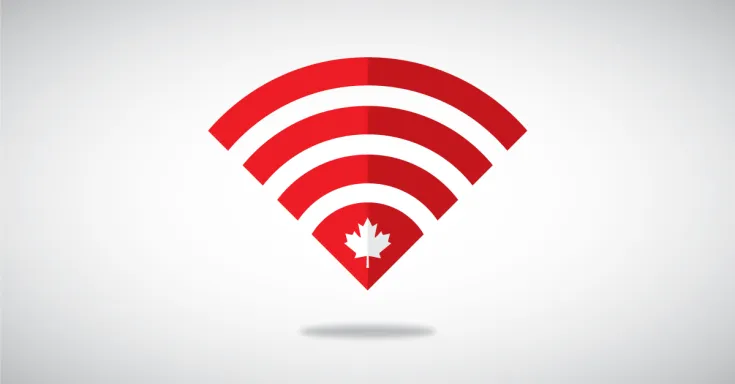 Symbol for wi-fi in red with a white maple leaf on a grey background