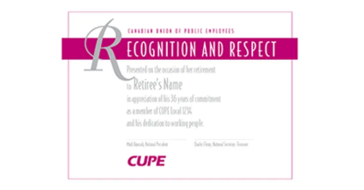 Certificate with Recognition and respect in white on a dark pink background