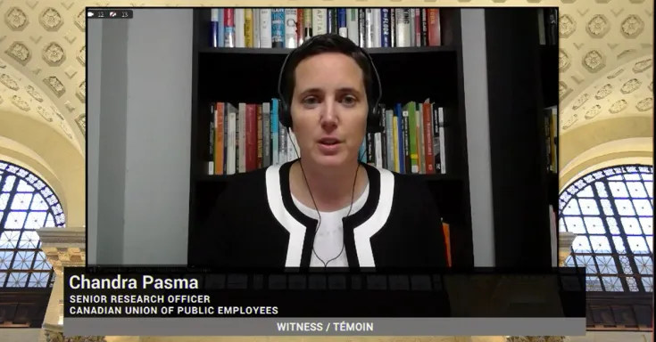 Chandra Pasma speaking at a virtual Senate meeting