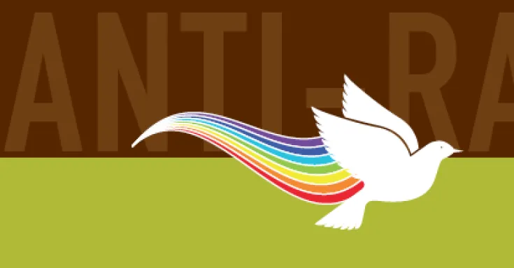 Drawing of white dove on green and brown background with a rainbow behind it