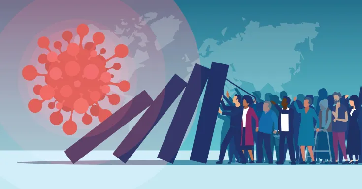 Graphic depicting the coronavirus knocking over dominoes and people holding them up