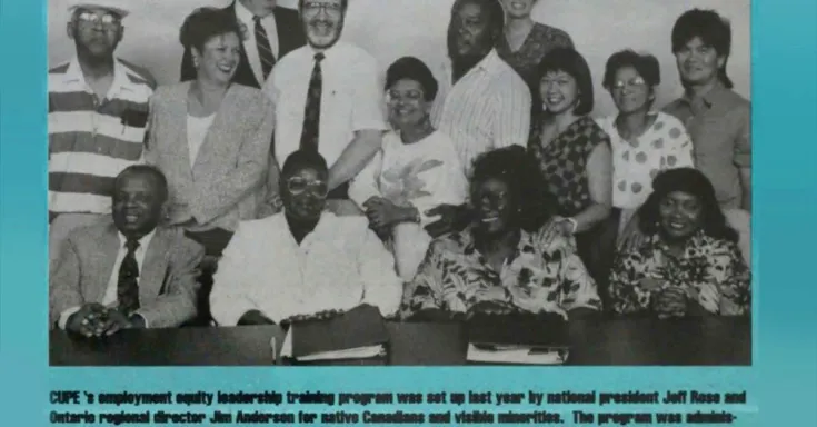 An old photo from a CUPE publication in the 90s with the first employment equity leadership program participants.