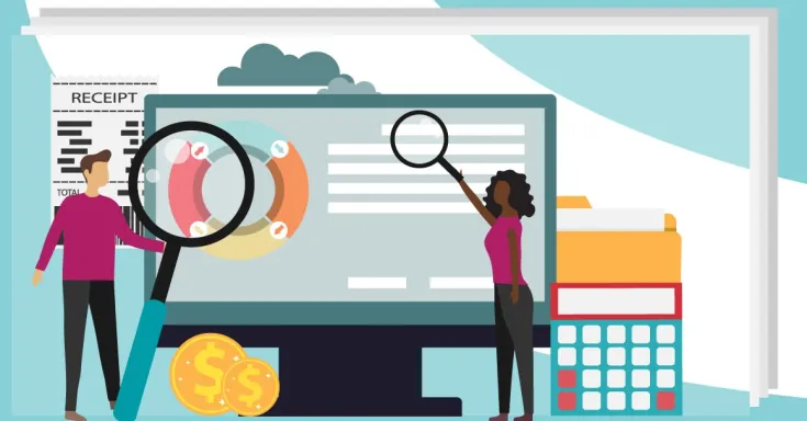 Cartoon of a tiny man and a tiny woman holding magnifying glasses up to a computer screen, with papers and a calculator