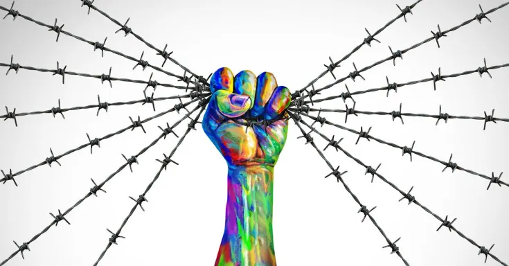 illustration of a hand clenching strands of barbed wire