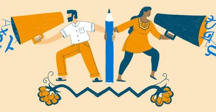 Illustration of a man and a woman both holding a giant pencil and speaking through megaphones