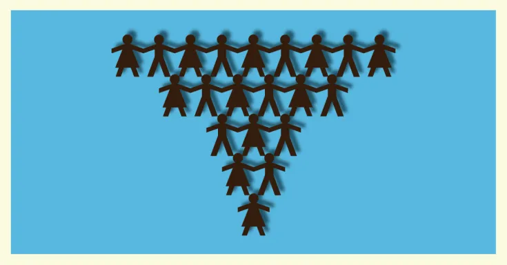 Female and male stick figures stacked in an inverted pyramid on a blue background
