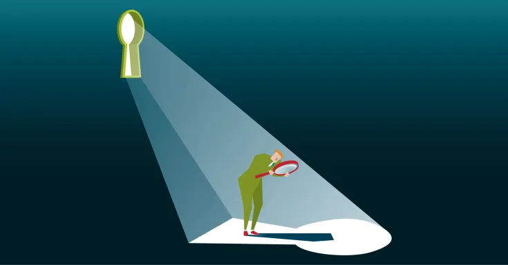 Minimalist illustration of a man in a suit looking through a magnifying glass at a keyhole