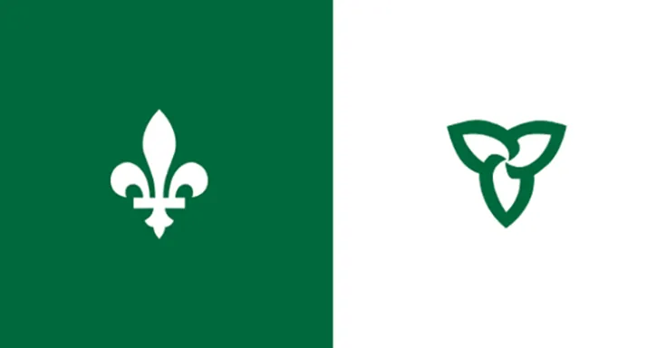 Franco Ontario flag, solid green background on left with white fleur-de-lys, white background on right with green trillium
