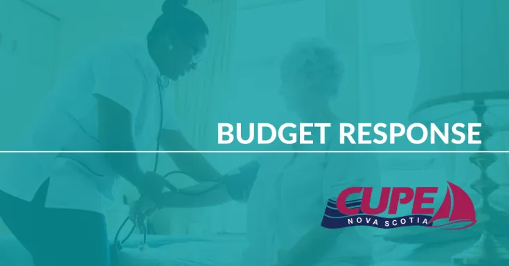 Web banneer. Text: Budget repsonse. Images: CUPE NS logo, and a photo of a female nurse taking blood pressure of an elderly woman sitting on a nursing home bed.