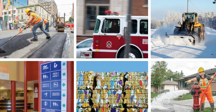 Public sector workers paving and ploughing roads, fire engine, community centre sign, garbage dumb, woman opening a fire hydrant