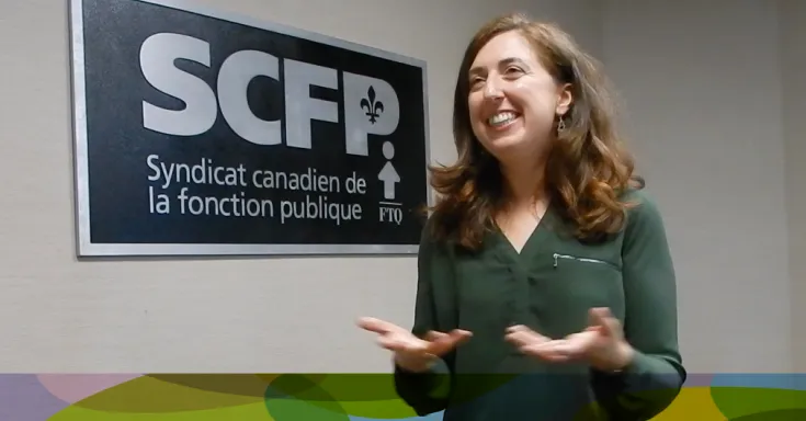 Emilie White SEUM-CUPE 1244 next to black and grey sign that says SCFP