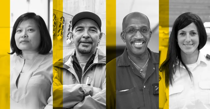 Two women and two men in black and white with yellow stripes