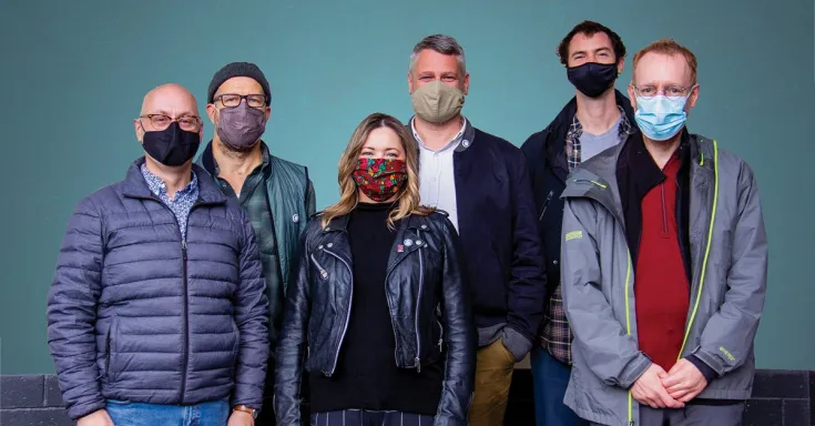 CUPE 1004’s new CBA bargaining committee, from left: CUPE Servicing Representative Bill Pegler, Andy Healey, Tuesday Andrich, CUPE 1004 President Andrew Ledger, Alex Braidek, and Peter Hewlett. PHOTO CREDIT: BOBBI FLINT 