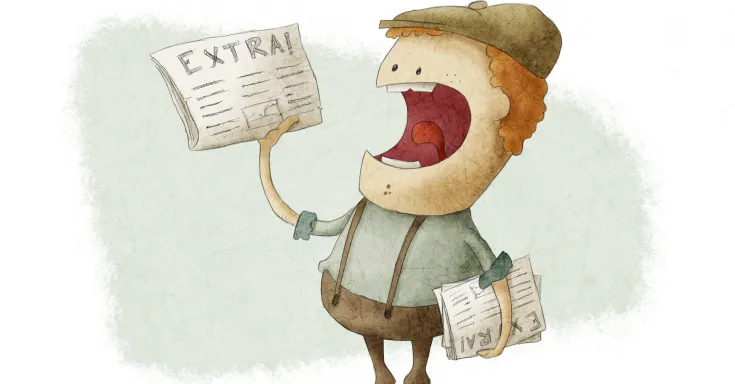 Illustration of a newsboy holding a newspaper that says Extra!