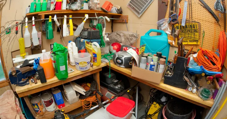 Messy workshop with tools, spray bottles and paint cans