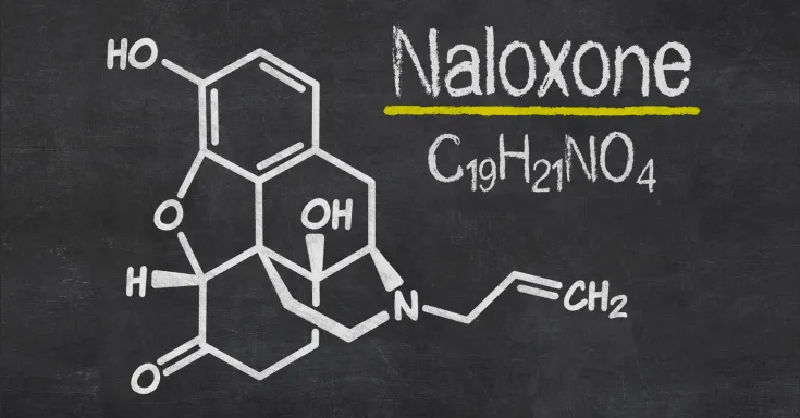 White chalk drawing of a naloxone molecule on a blackboard