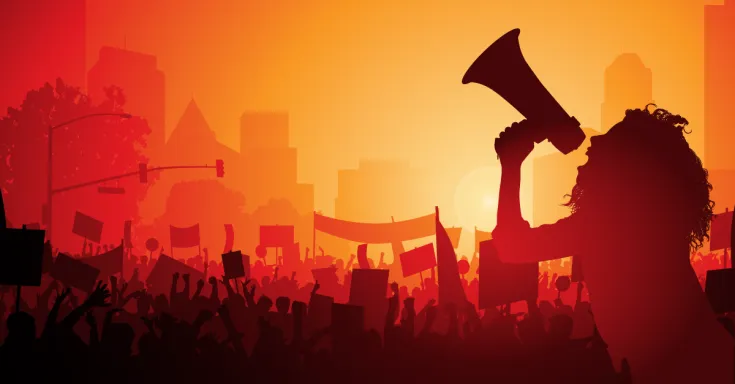Illustration of a protest scene with a woman in silhouette speaking through a megaphone
