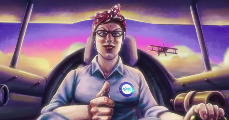 Painting of a woman wearing a red polka dot head scarf piloting a WW2 era fighter plane. In the background a purple sky with clouds and another fighter plane.