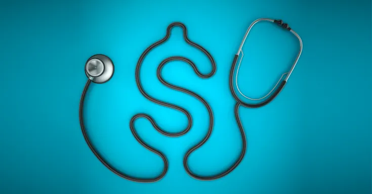 Stethoscope with its tubing in the shape of a $ on a blue background