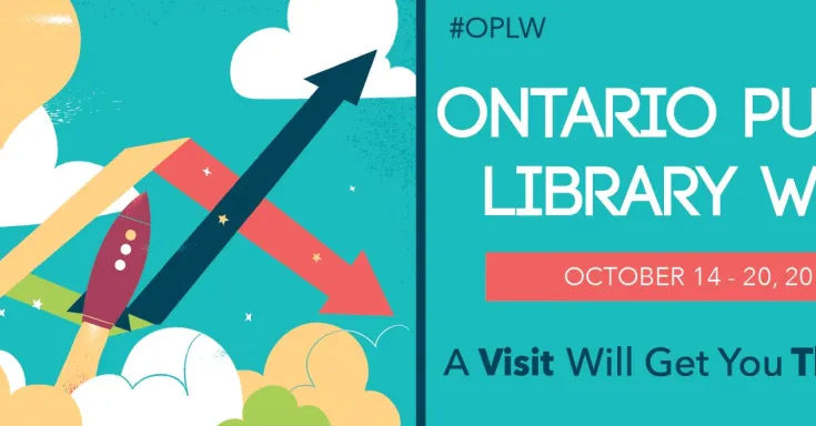 Illustration of blue sky and hot air balloon. Text: Ontario Public Library Week October 14-20 2018. A visit will get you thinking.
