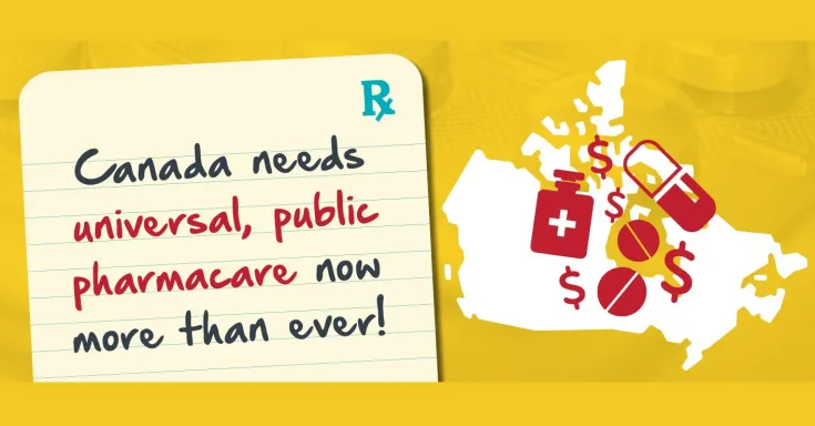 Map of Canada with the text "Canada needs universal, public pharmacare now more than ever!"