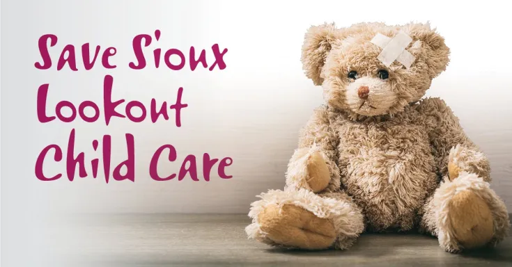 Teddy bear with a bandage and the message Save Sioux Lookout Child Care