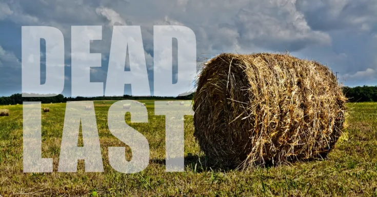 Hay bale with the words "dead last" in the landscape