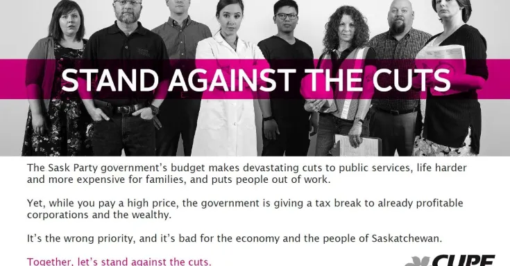 Black and white photo of workers with white text highlighted in pink that says Stand Against the Cuts