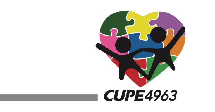 CUPE 4963 logo. Two stick figure people, over a multi-colour hear that looks like a jigsaw puzzle