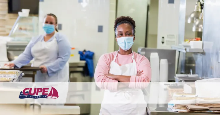 Web banner. Photo: 2 cafeteria workers. Image: CUPE NS logo