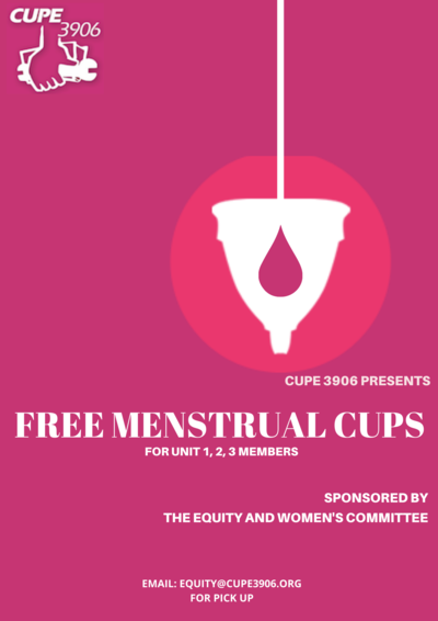 White image of menstrual cup with a red teardrop shape on a pink background with text that says "Free menstrual cups"